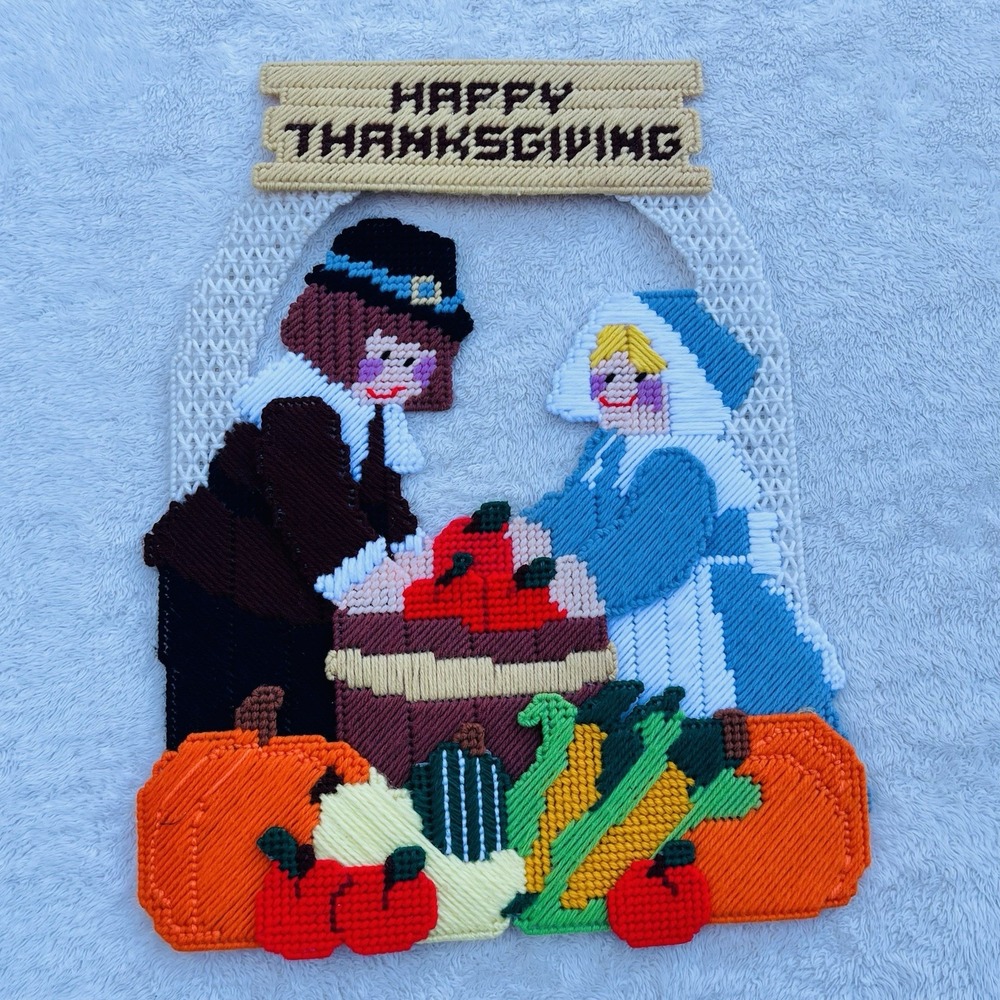 Vintage Thanksgiving Plastic Needlepoint Wall Hanging Pilgrim Harvest Fall 13x17